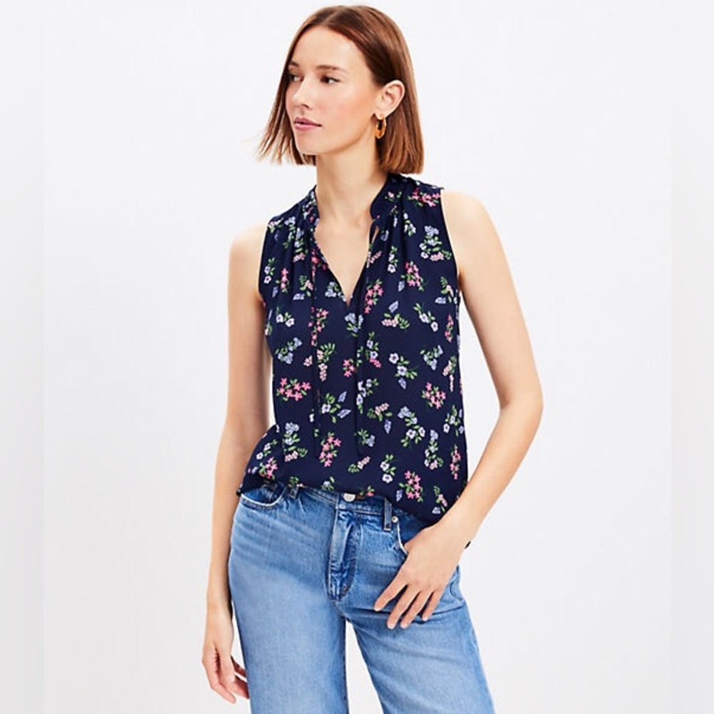 NWT LOFT Floral Shirred Tie Neck Mixed Media Shell Navy XS
